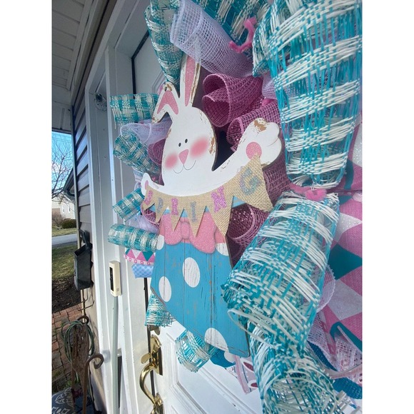 Pink Blue & White Easter Bunny Rabbit Spring Deco Mesh & Ribbon Wreath xxx - Picture 8 of 9